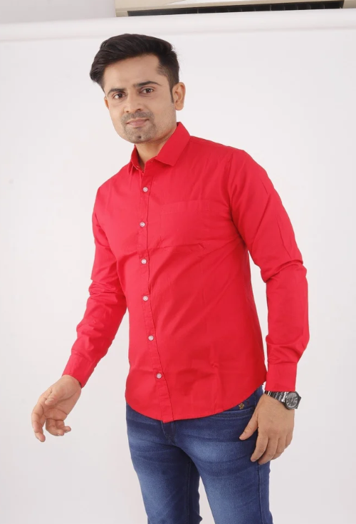 Men Pure Cotton Red Plain Shirt