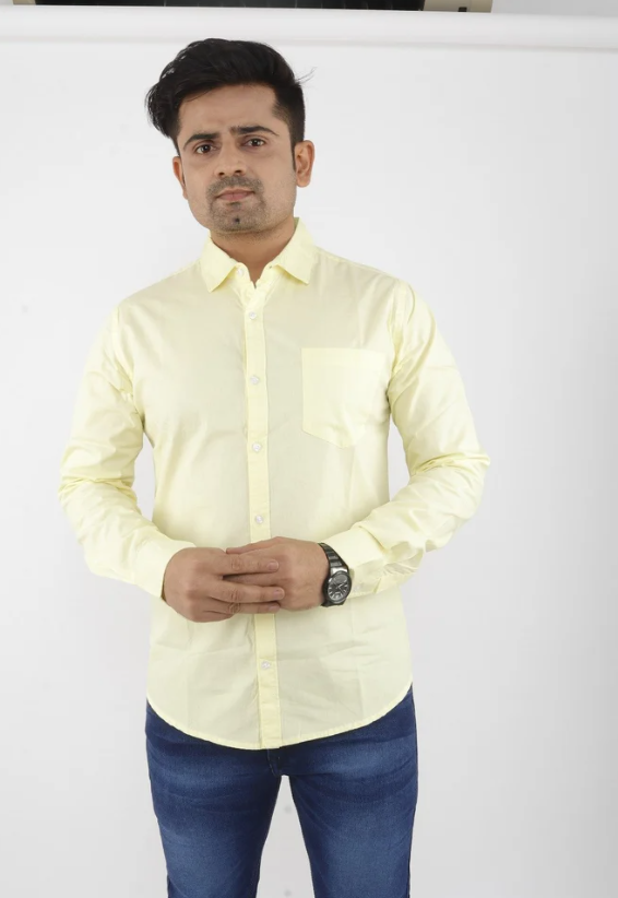 Men Pure Cotton Light Yellow Plain Shirt, Casual, Full Sleeves