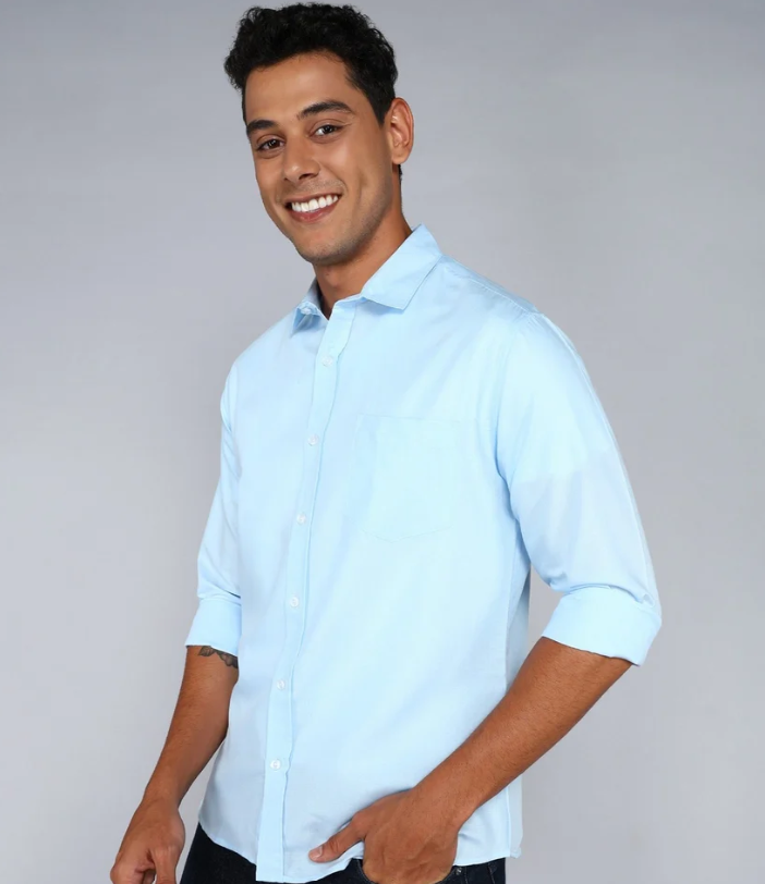 Men Cotton Sky Blue Plain Full Sleeve Shirt, Casual