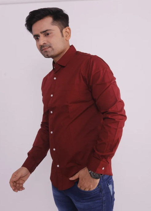 Men Pure Poly Cotton Maroon Plain Shirt