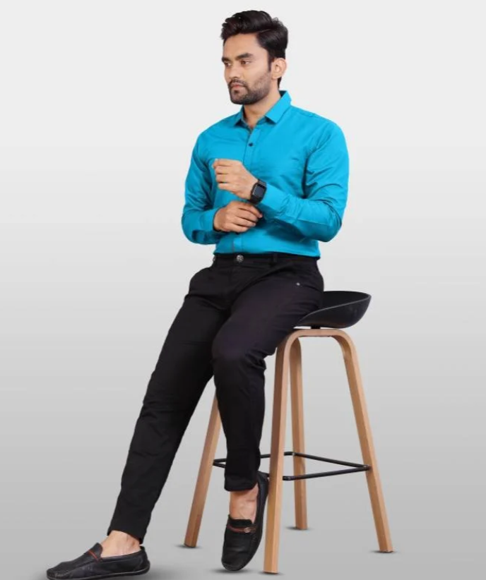 Men Plain Blue Cotton Shirts, Casual, Full Sleeves