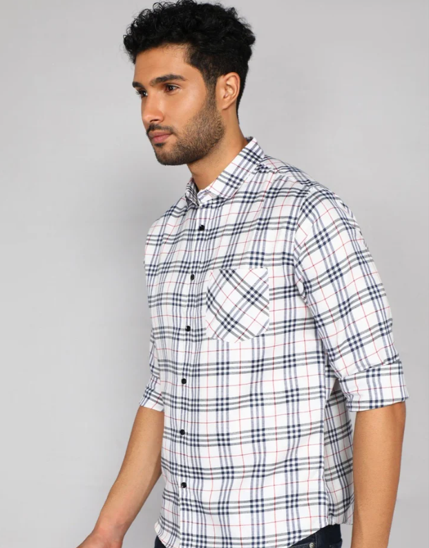 Men Poly Cotton White Check Shirt, Full Sleeves