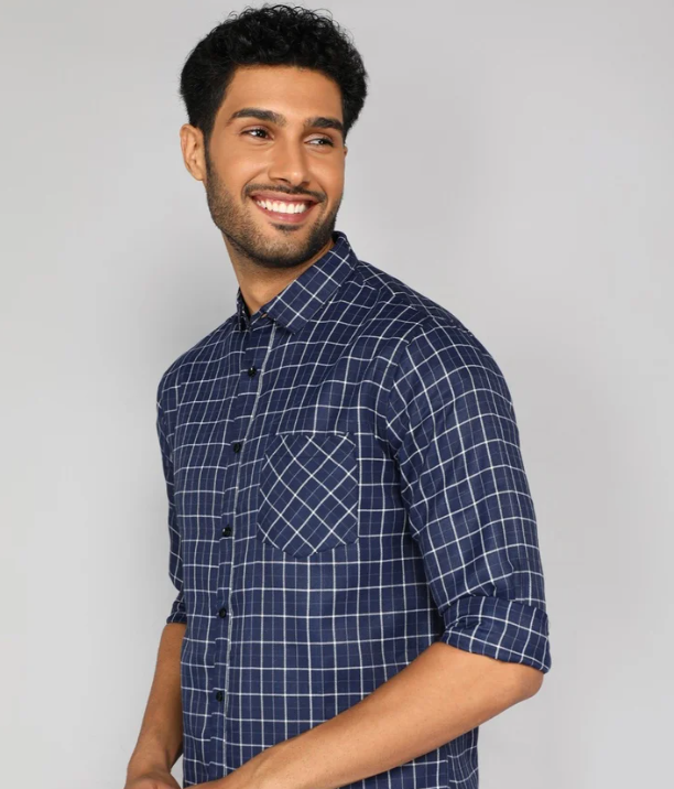 Men Poly Cotton Navy Blue Check Shirt, Full Sleeves