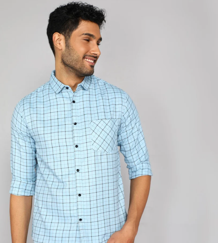 Men Poly Cotton Sky Blue Check Shirt, Casual, Full Sleeves