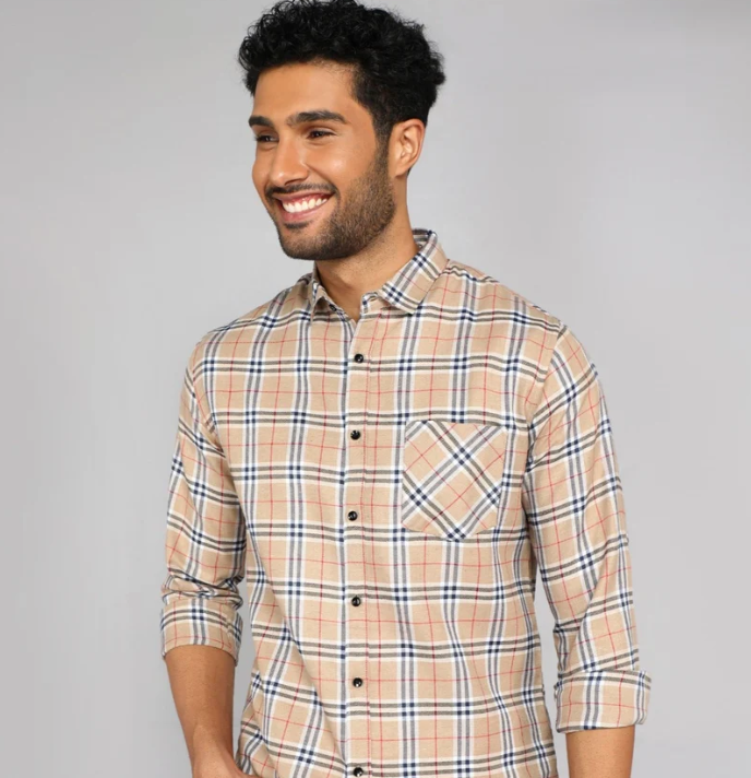 Men Poly Cotton Beige Check Shirt, Full Sleeves