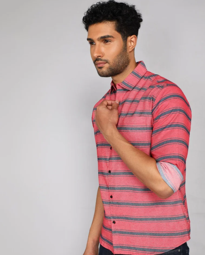 Stripes Men Poly Cotton Pink Striped Shirt, Casual, Full Sleeves