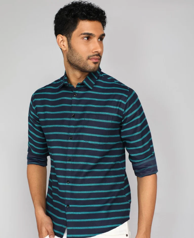 Men Poly Cotton Black Green Striped Shirt, Casual, Full Sleeves